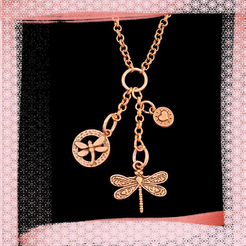 Dragonfly Copper Charm Keeper Necklace, 18-24 inch - - LadybugfeetDesigns -