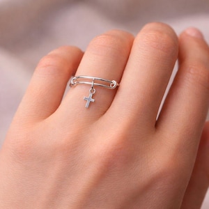 Tiny Cross Expandable Charm Ring, Silver - - LadybugfeetDesigns -