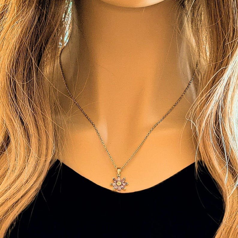 Purple CZ Flower necklace, Gold - 20 inch - - LadybugfeetDesigns -