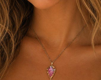 Natural Titanium Quartz Crystal Arrowhead necklace, Gold - 18- 24 inch