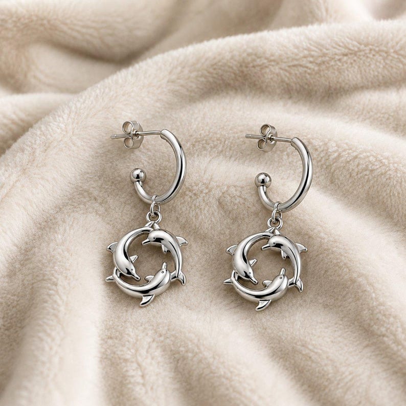 Gold Dolphin Trio Gold Hoop earrings, Hoop Drop - - LadybugfeetDesigns -
