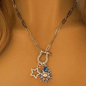 Fiery Sun, Blue Moon and Star Shackle Clasp Carabiner Necklace, Silver - 20 inch - - LadybugfeetDesigns -