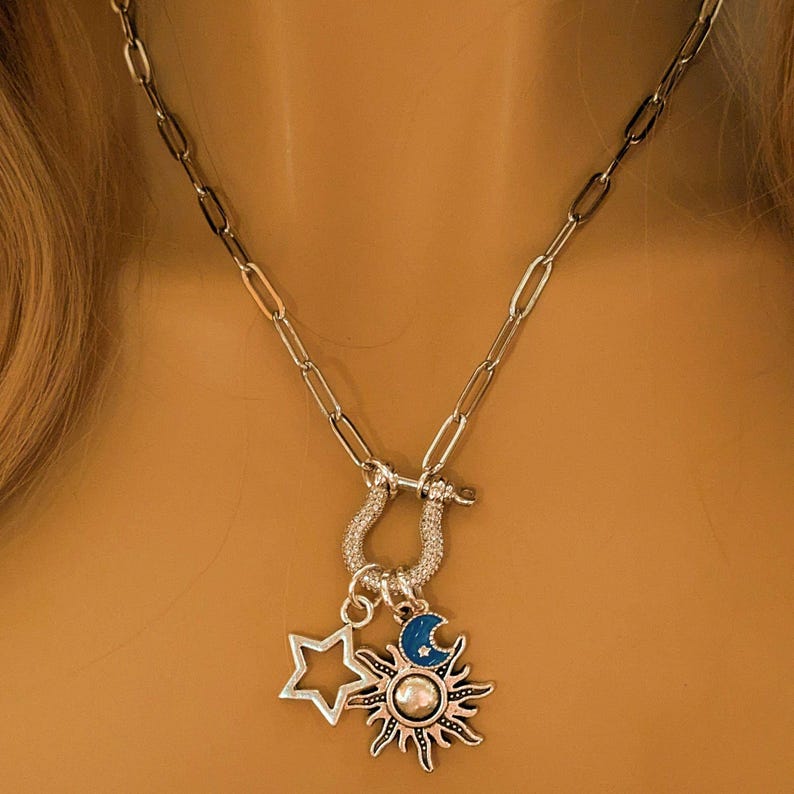 Fiery Sun, Blue Moon and Star Shackle Clasp Carabiner Necklace, Silver - 20 inch - - LadybugfeetDesigns -