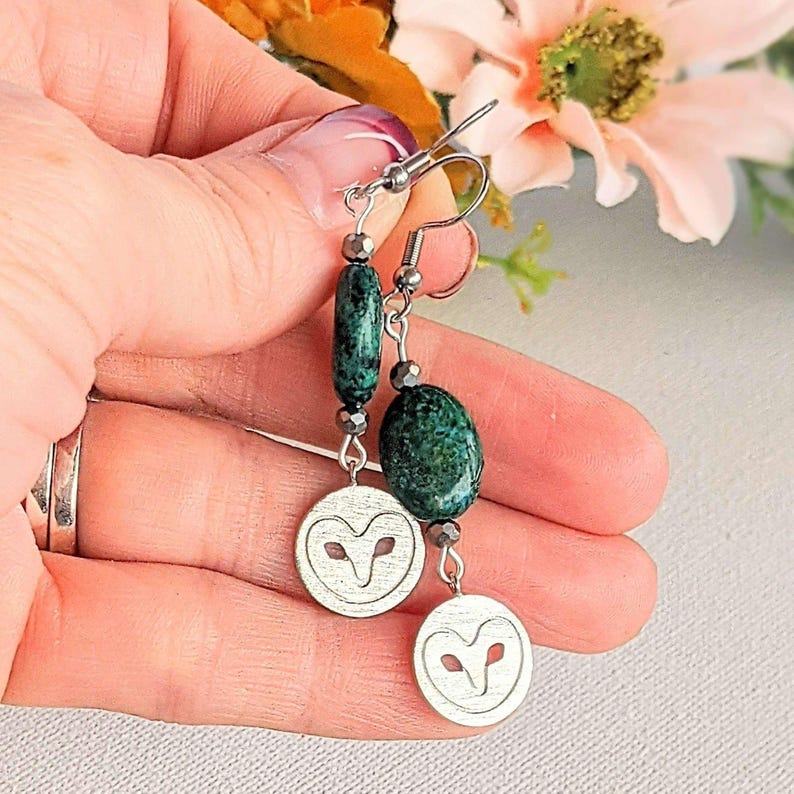 African Turquoise Jasper Owl Bracelet/Earring Set - - LadybugfeetDesigns -