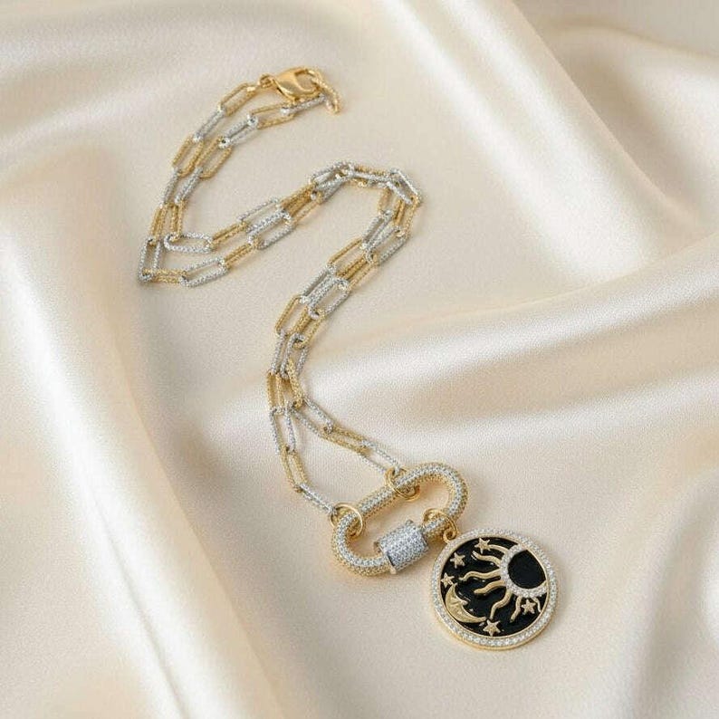 Black Enamel Celestial Pendant Carabiner Necklace, Gold/Silver - 20 inch - - LadybugfeetDesigns -