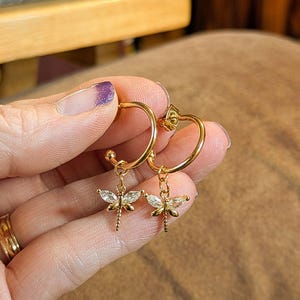 CZ Dragonfly Gold Hoop earrings, Hoop Drop, 16mm - - LadybugfeetDesigns -