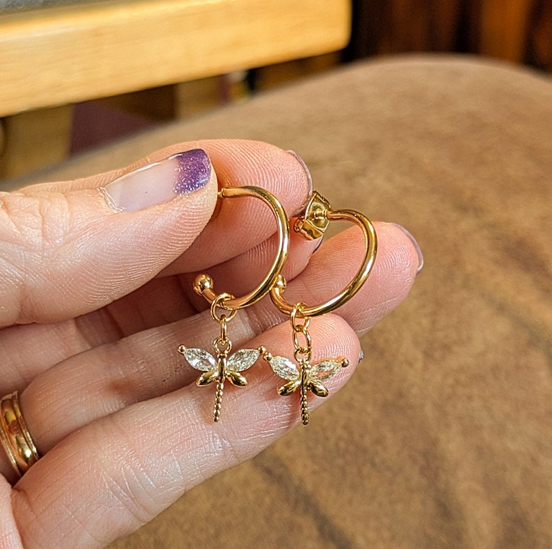 CZ Dragonfly Gold Hoop earrings, Hoop Drop, 16mm - - LadybugfeetDesigns -