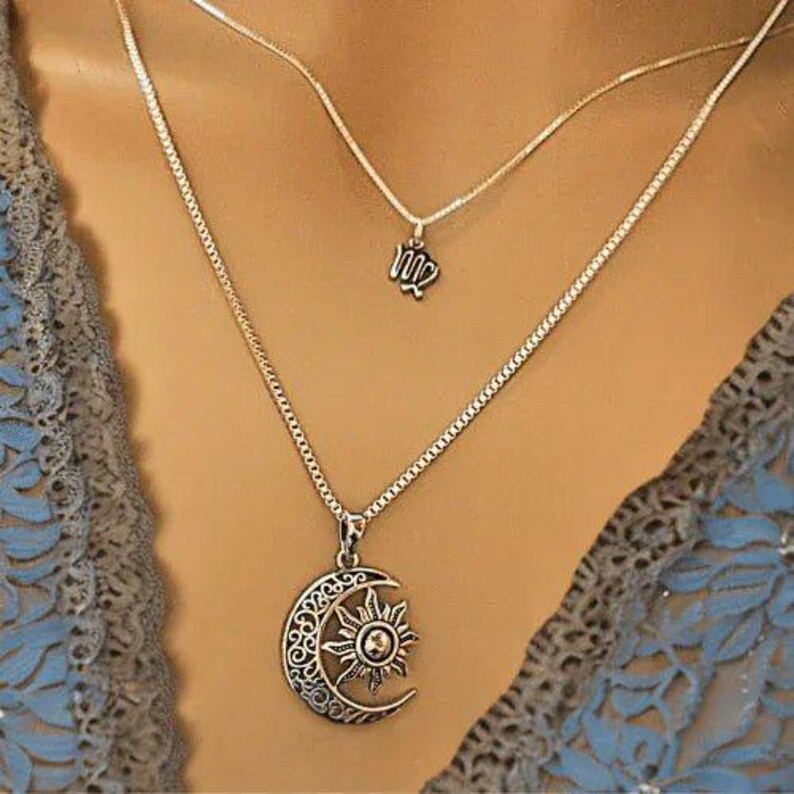 Filigree Crescent Moon Sun Necklace, Sterling Silver- 24 inches - - LadybugfeetDesigns -