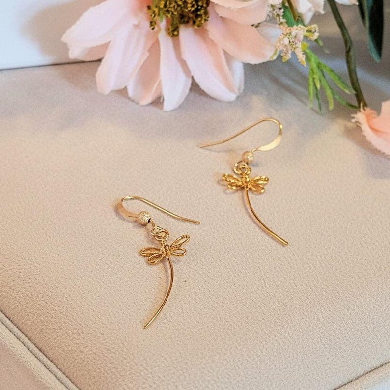 Flight of the Dragonfly dangle earrings - Gold / Sterling Silver - - LadybugfeetDesigns -