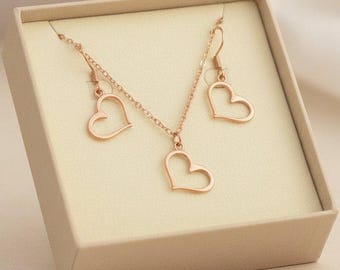 Open Heart necklace and earring set, Rose-Gold - 18 inch