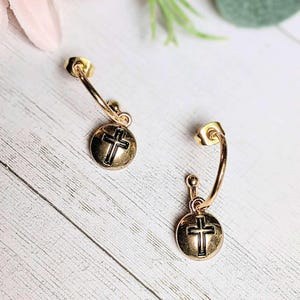 Cross Gold Hoop earrings, Gold - 16mm - - LadybugfeetDesigns -