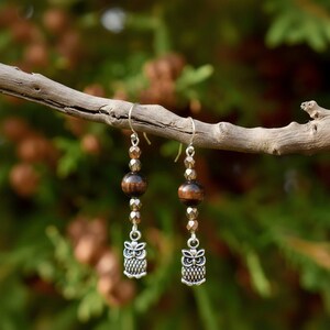 Owl Tiger's Eye Beaded Hook Earrings, Silver - - LadybugfeetDesigns -