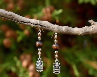Owl Tiger's Eye Beaded Hook Earrings, Silver