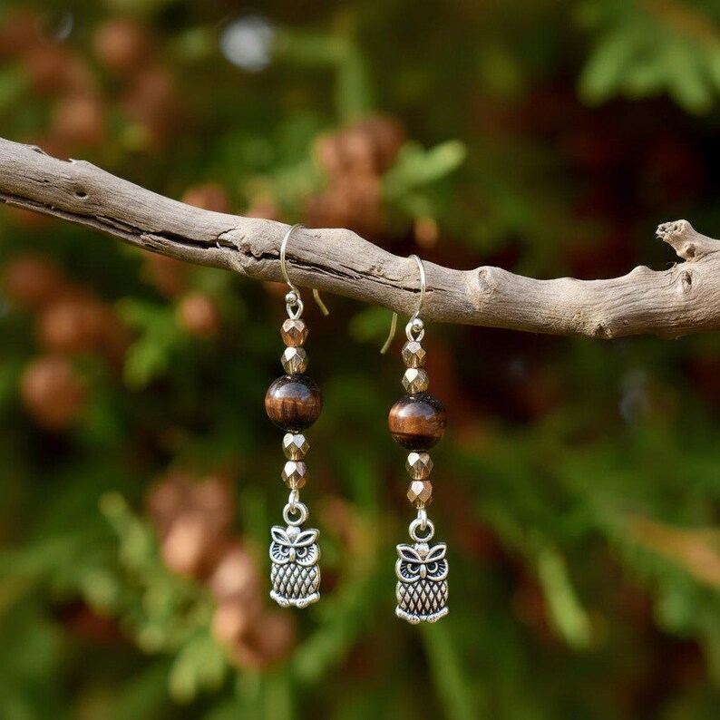 Owl Tiger's Eye Beaded Hook Earrings, Silver - - LadybugfeetDesigns -