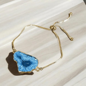 Agate Gemstone Crystal Geode Adjustable Bracelet, Gift for her - - LadybugfeetDesigns -