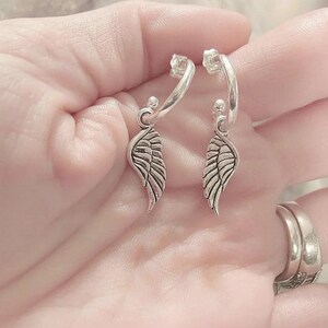 ANGEL Wing Sterling Hoop Earrings, Hoop Drop - - LadybugfeetDesigns -