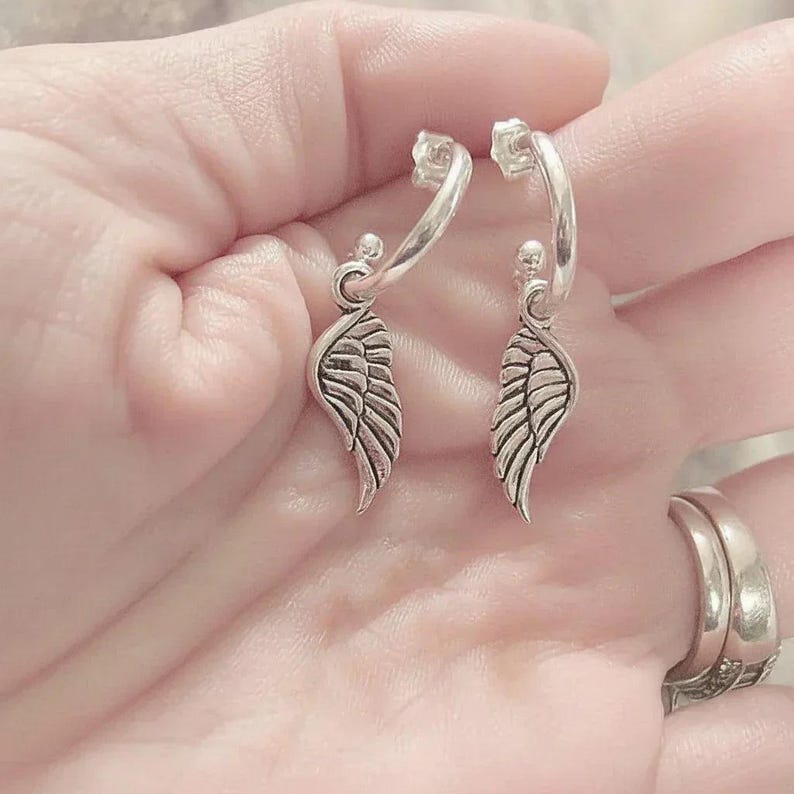 ANGEL Wing Sterling Hoop Earrings, Hoop Drop - - LadybugfeetDesigns -