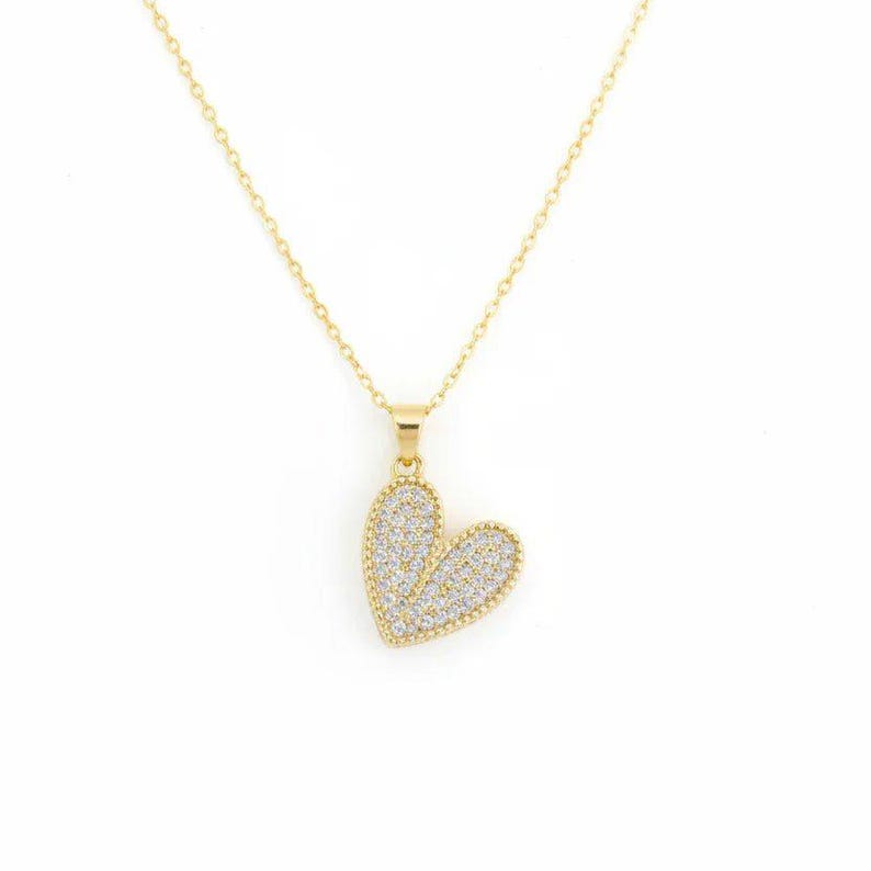 CZ Heart necklace, Gold - 20 inch - - LadybugfeetDesigns -