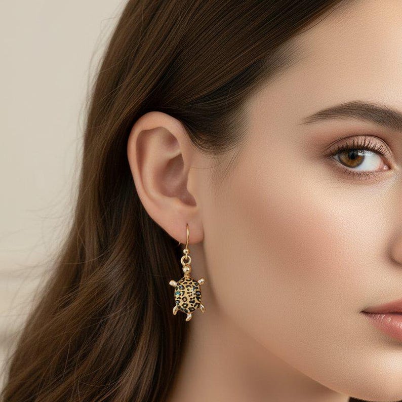 Leopard Skin Turtle Earrings, Gold - - LadybugfeetDesigns -