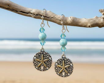 Sand Dollar Larimar Beaded Hook Earrings, Silver