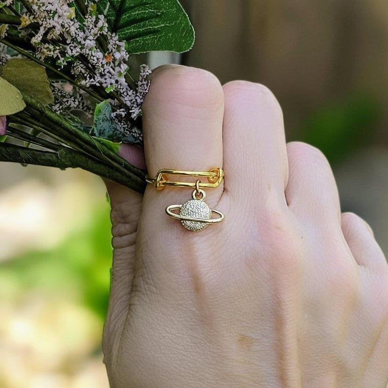 Celestial Saturn Expandable Charm Ring - Gold - - LadybugfeetDesigns -