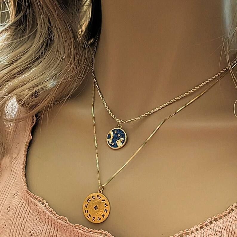 Blue Enamel Zodiac Pendant Necklace, Gold - 20 inches - - LadybugfeetDesigns -