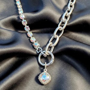 Crystal & Silver Snap Ring Necklace, Matte Silver - 22 inch - - LadybugfeetDesigns -