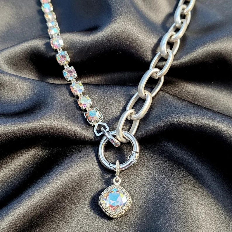 Crystal & Silver Snap Ring Necklace, Matte Silver - 22 inch - - LadybugfeetDesigns -