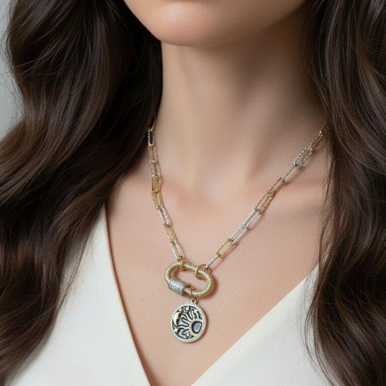 Black Enamel Celestial Pendant Carabiner Necklace, Gold/Silver - 20 inch - - LadybugfeetDesigns -