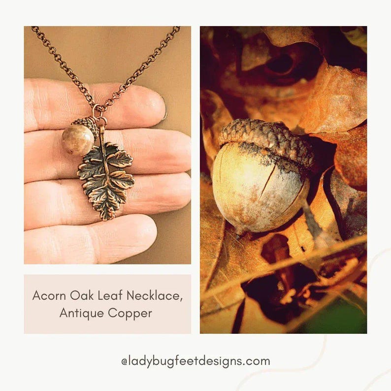 Acorn Oak Leaf Necklace, Antique Copper - - LadybugfeetDesigns -