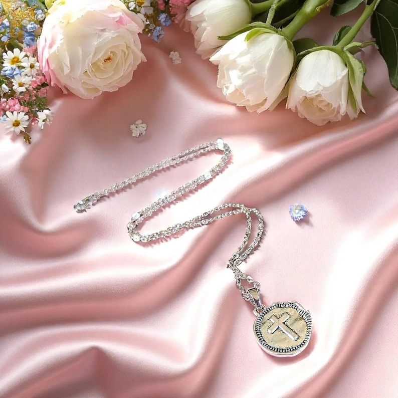Hammered Cross Coin Necklace- Silver - 20 - 24 inch - - LadybugfeetDesigns -