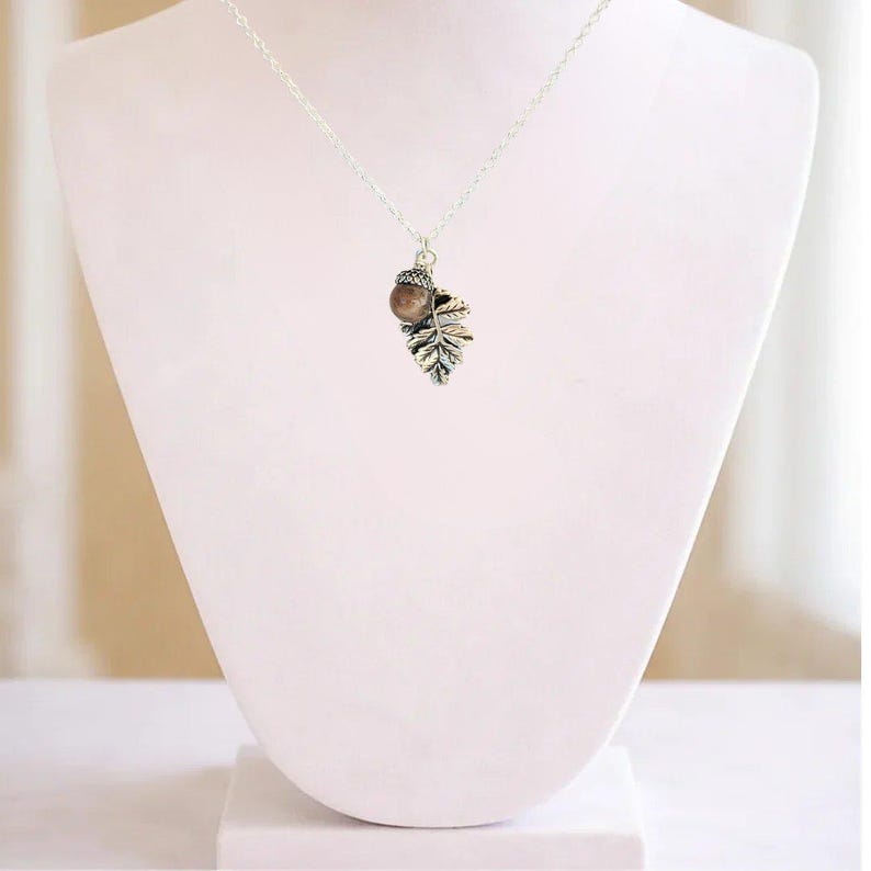 Acorn Oak Leaf Necklace, Silver - - LadybugfeetDesigns -