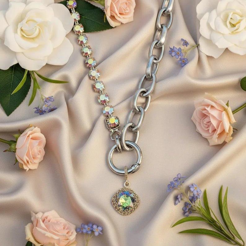 Crystal & Silver Snap Ring Necklace, Matte Silver - 22 inch - - LadybugfeetDesigns -