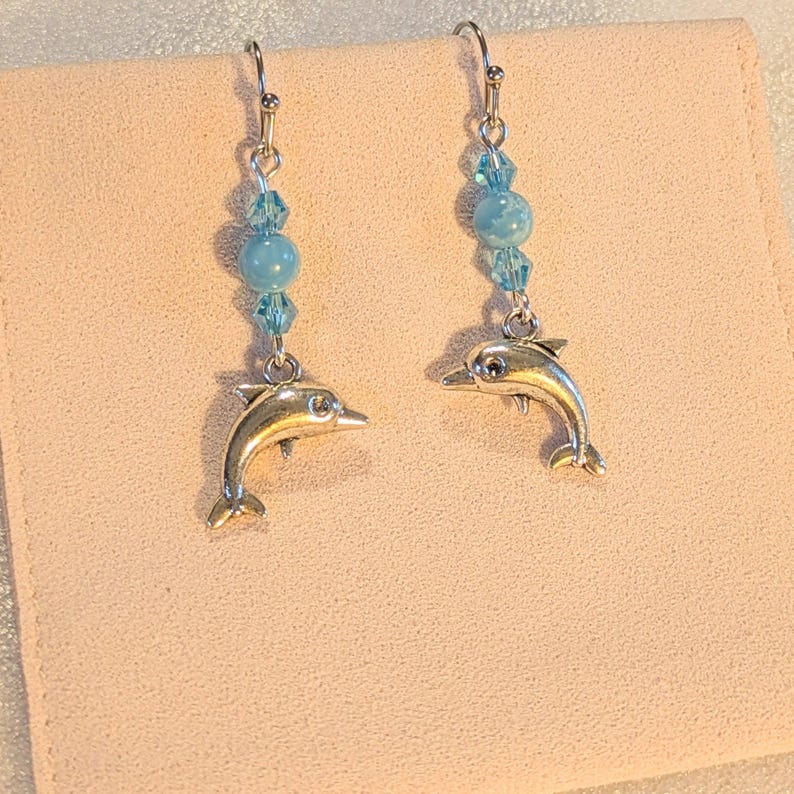 Dolphin Larimar Beaded Hook Earrings, Silver - - LadybugfeetDesigns -