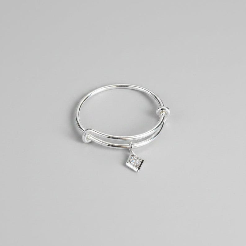 Tiny CZ Diamond Adjustable Charm Ring, Silver - - LadybugfeetDesigns -