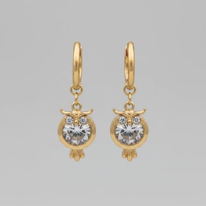 CZ Owl Hoop earrings, Gold -12mm - - LadybugfeetDesigns -