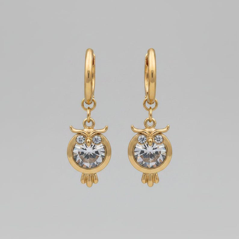 CZ Owl Hoop earrings, Gold -12mm - - LadybugfeetDesigns -