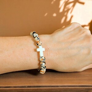 Orange Black Ivory Beaded Cross Stretch bracelet - - LadybugfeetDesigns -