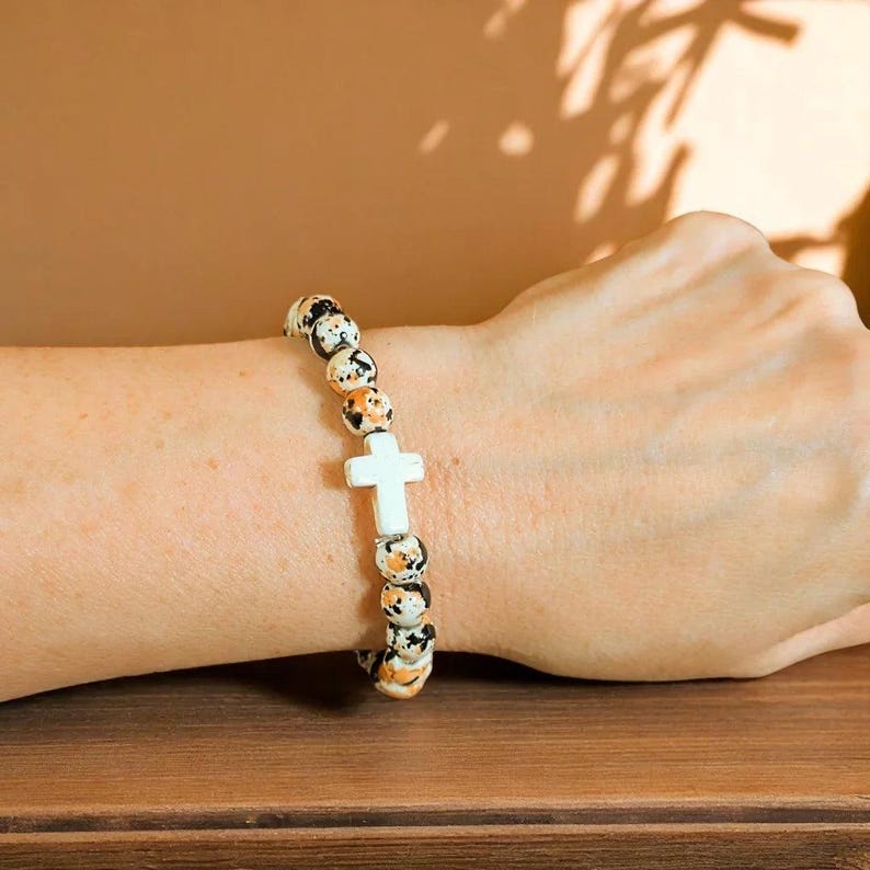 Orange Black Ivory Beaded Cross Stretch bracelet - - LadybugfeetDesigns -