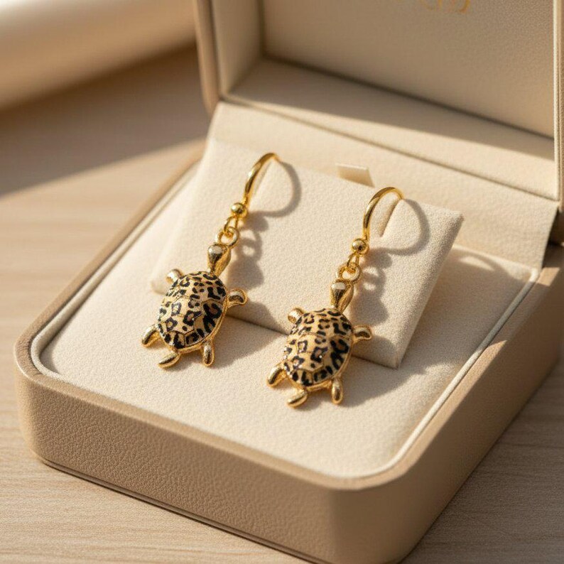 Leopard Skin Turtle Earrings, Gold - - LadybugfeetDesigns -