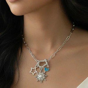Fiery Sun, Blue Moon and Star Shackle Clasp Carabiner Necklace, Silver - 20 inch - - LadybugfeetDesigns -