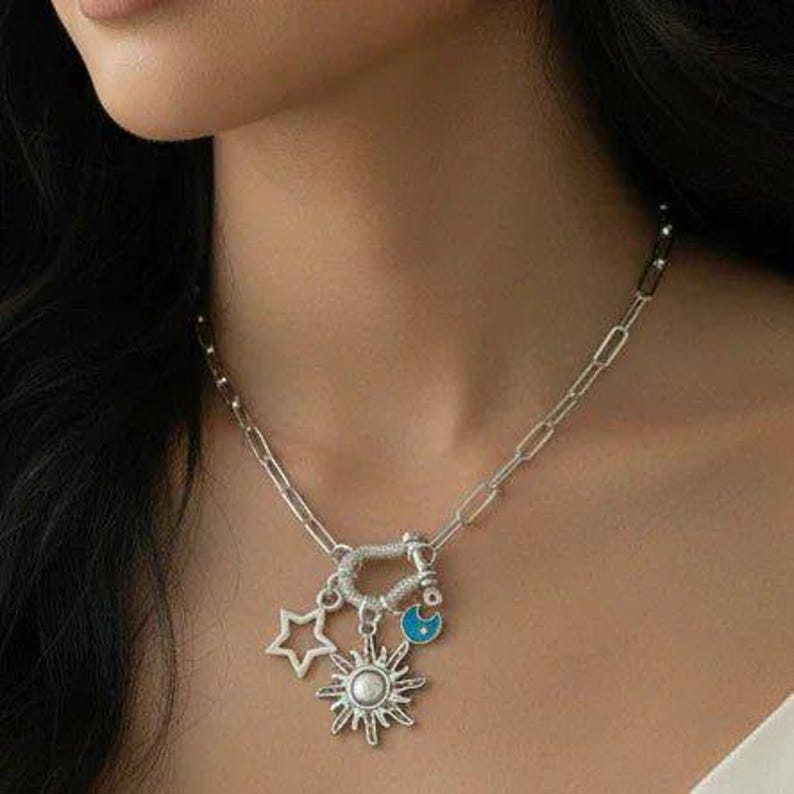 Fiery Sun, Blue Moon and Star Shackle Clasp Carabiner Necklace, Silver - 20 inch - - LadybugfeetDesigns -