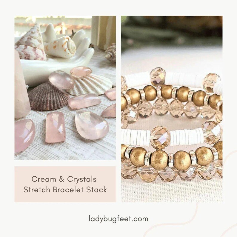 Cream & Crystals Stretch Bracelet Stack - - LadybugfeetDesigns -