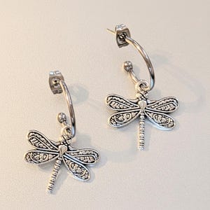 Dragonfly Hoop Earrings, Silver - 16mm - - LadybugfeetDesigns -