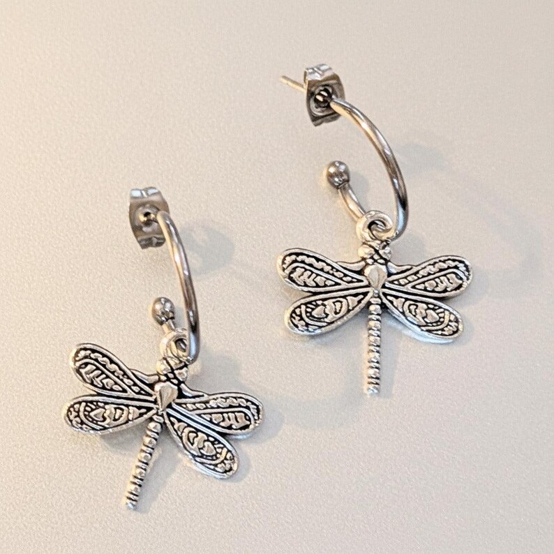 Dragonfly Hoop Earrings, Silver - 16mm - - LadybugfeetDesigns -
