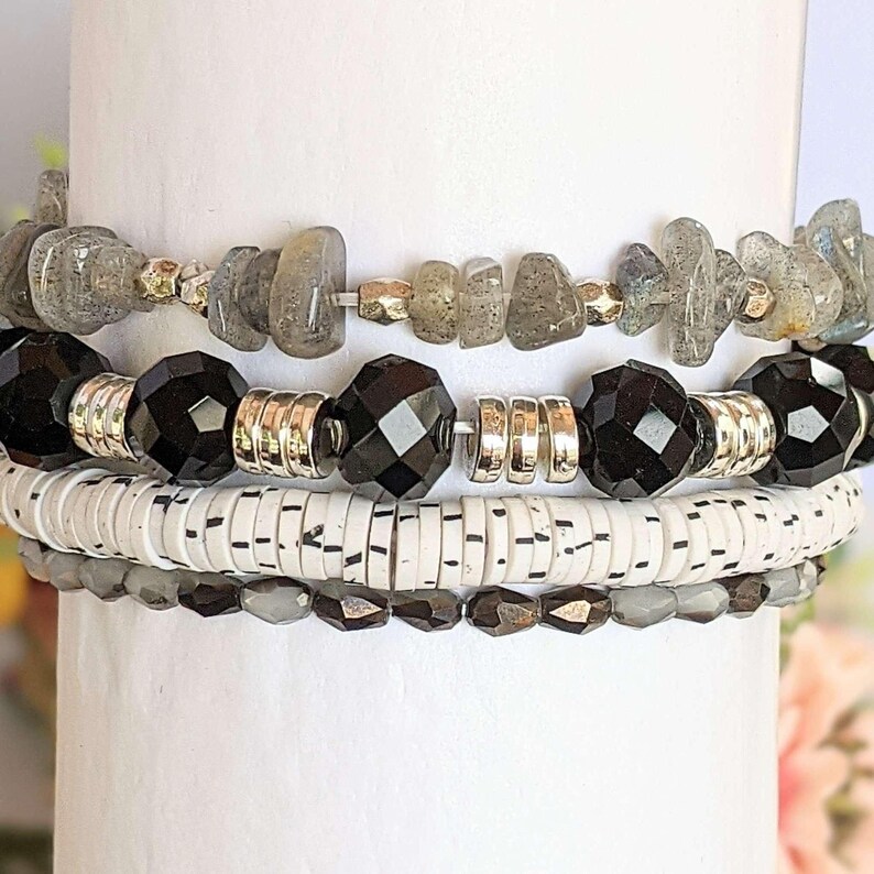 Salt and Pepper Stretch Bracelet Stack - - LadybugfeetDesigns -