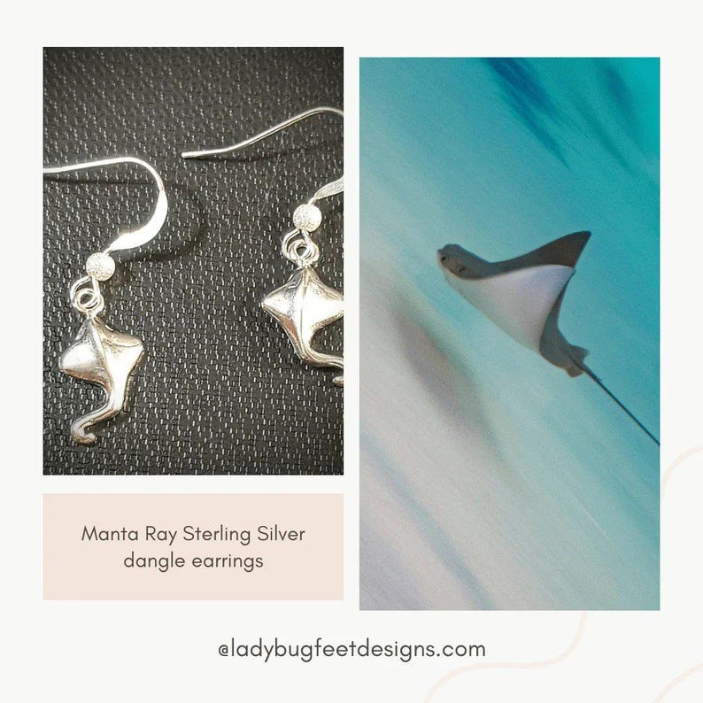 Manta Ray Sterling Silver dangle earrings - - LadybugfeetDesigns -