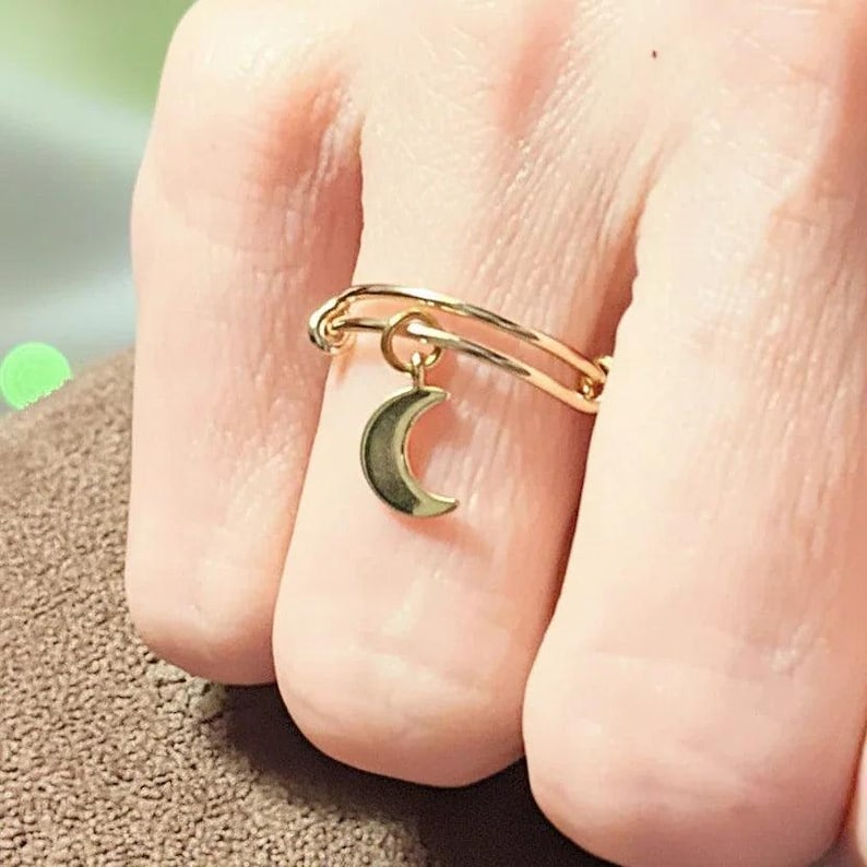 Crescent Moon Expandable Charm Ring - Gold - - LadybugfeetDesigns -