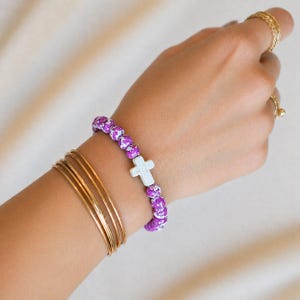Mauve Ivory Beaded Cross Stretch bracelet - - LadybugfeetDesigns -
