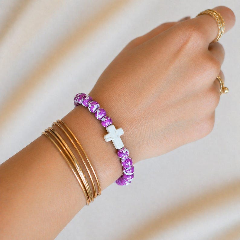 Mauve Ivory Beaded Cross Stretch bracelet - - LadybugfeetDesigns -